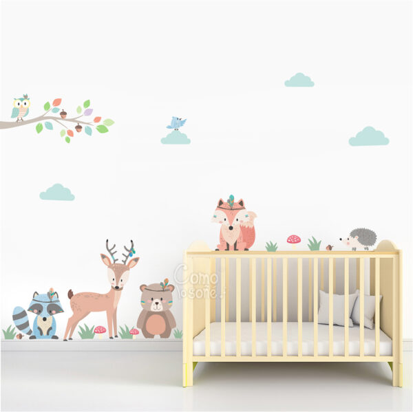 Vinilo de pared infantil animales nordicos zorrito ciervo mapache wall stickers
