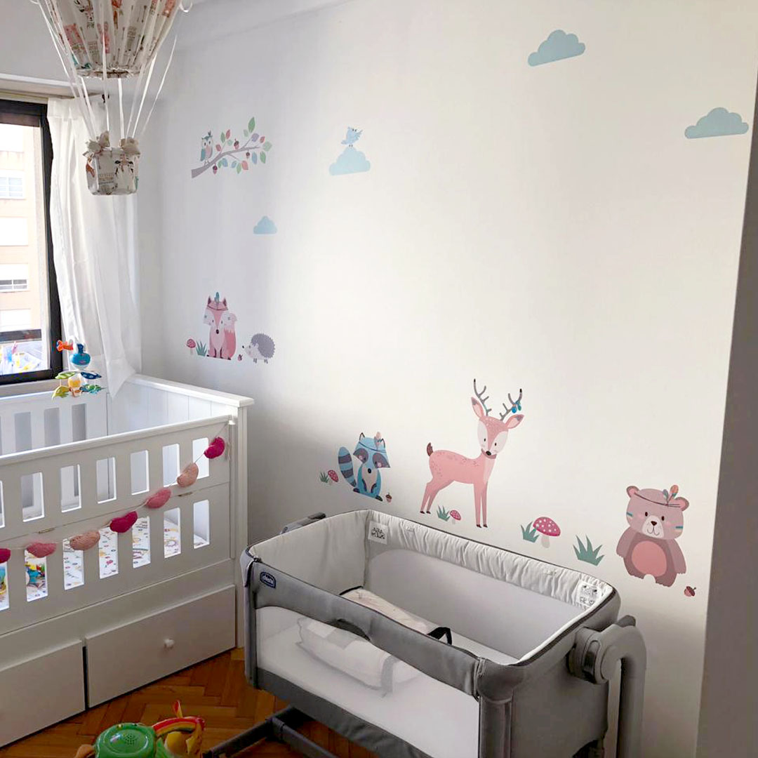 Vinilo de pared infantil animales nordicos zorrito ciervo mapache wall stickers