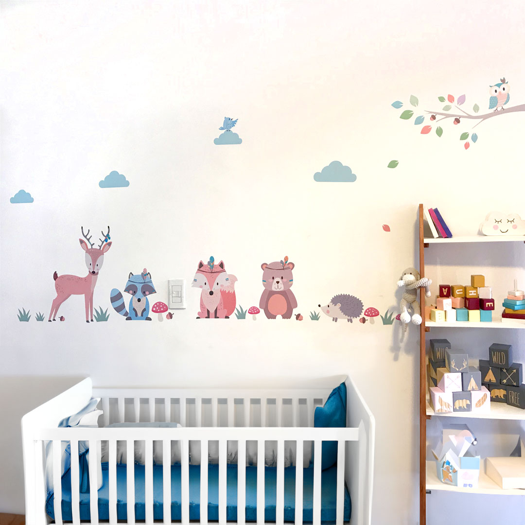 Vinilo de pared infantil animales nordicos zorrito ciervo mapache wall stickers