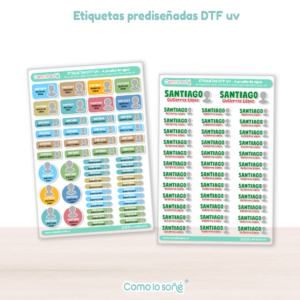 2 planchas CON TU PERSONAJE 90 u. – Etiquetas Escolares Personalizadas DTF UV Resistentes al Agua – para Útiles, Botellas y Tapers