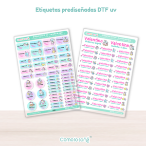 2 planchas – UNICORNIOS – Etiquetas Escolares Personalizadas DTF UV Resistentes al Agua – para Útiles, Botellas y Tapers
