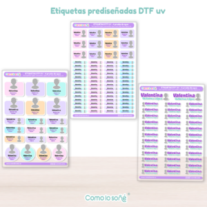 3 planchas CON TU PERSONAJE 125 u. – Etiquetas Escolares Personalizadas DTF UV Resistentes al Agua – para Útiles, Botellas y Tapers