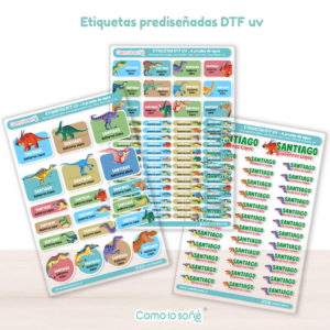 3 planchas DINOS 125 u. – Etiquetas Escolares Personalizadas DTF UV Resistentes al Agua – para Útiles, Botellas y Tapers