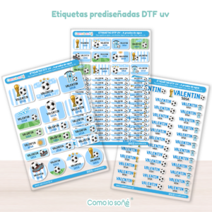 3 planchas FUTBOL 125 u. – Etiquetas Escolares Personalizadas DTF UV Resistentes al Agua – para Útiles, Botellas y Tapers