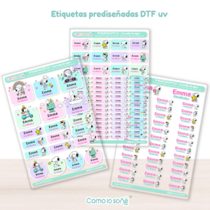 3 planchas SNOOPY 125 u. – Etiquetas Escolares Personalizadas DTF UV Resistentes al Agua – para Útiles, Botellas y Tapers