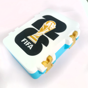 Caja para Figuritas o cartas Mundial 2026 – Modelo: FIFA negro y oro – base celeste – trabas oro – SIN DIVISOR