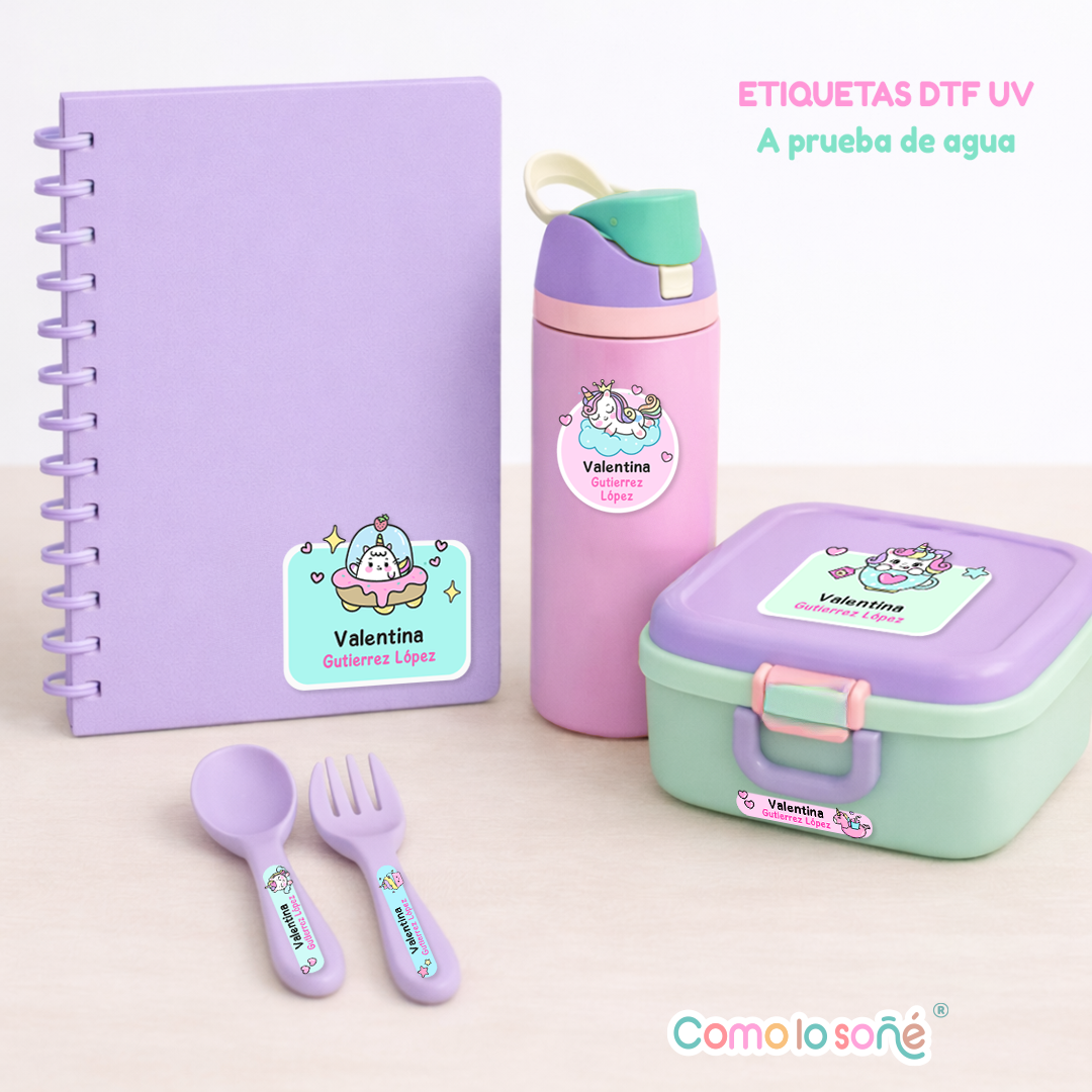 3 planchas UNICORNIOS 125 u. - Etiquetas Escolares Personalizadas DTF UV Resistentes al Agua - para Útiles, Botellas y Tapers - Imagen 3