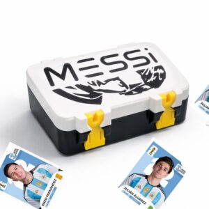 Caja para Figuritas o cartas Mundial 2026 – Modelo: MESSI tapa blanca logo negro – base negra – trabas amarillas – SIN DIVISOR
