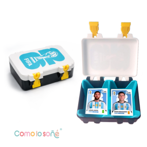Caja para Figuritas del Mundial 2026 con divisor Modelo: FIFA logo celeste – base negra – trabas amarrillo – divisor celeste