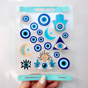 Calcos stickers DTF Uv para decorar botellas y objetos – Modelo Ojo Turco
