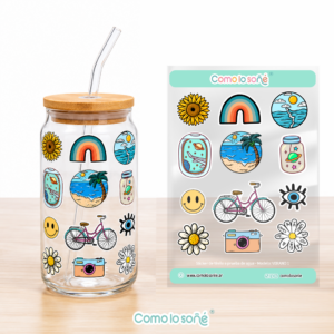 Calcos stickers DTF Uv para decorar botellas y objetos – Modelo Verano – Viajes