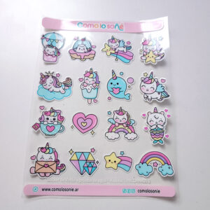 Calcos stickers DTF Uv para decorar botellas y objetos – Modelo Unicornios tiernos