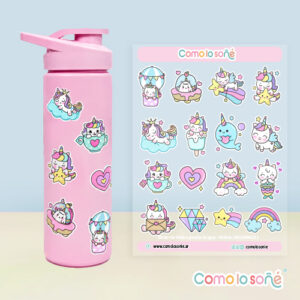 Calcos stickers DTF Uv para decorar botellas y objetos – Modelo Unicornios tiernos