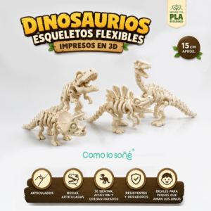 Kit 4 Dinosaurios Esqueleto Flexibles – Articulados – impresos en 3D – esqueletos color hueso