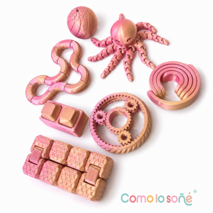 Kit Juguetes Sensoriales para Ansiedad y Concentración – Fidget Toys – Antiestrés 3D – Tornasolado – Oro y Rosa